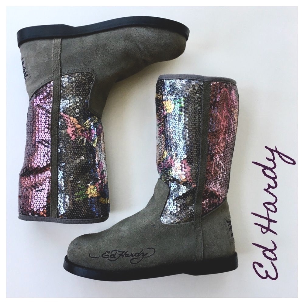 Ed Hardy Gray Suede & Geisha Girl Sequin Calf Boot